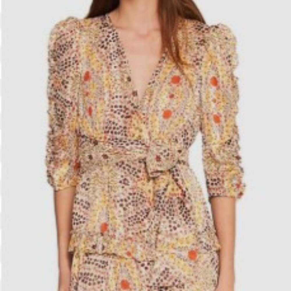 ba&sh Paris Happy Dress | Boho Ruffle Tiered Midi | Earth-Tone Floral | Small